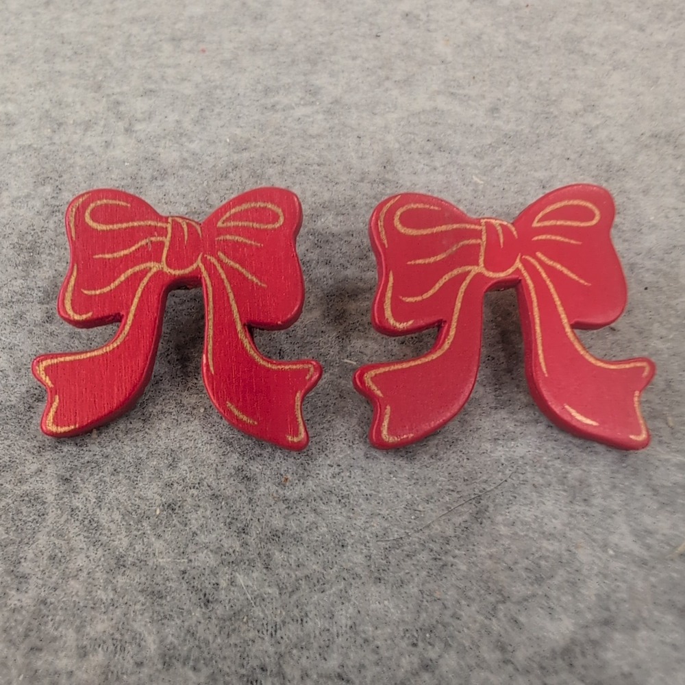 Red Bow Earrings Gold Trim Wood Festive Holiday Dangle Charm - Picture 1 of 2
